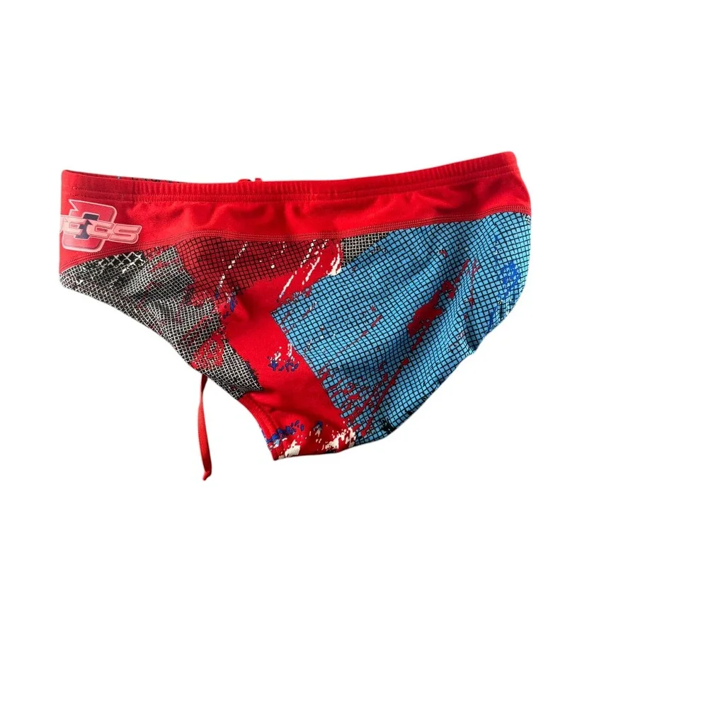 Speedo Endurance+ Mens Swim Briefs Size 32 Red Blue Abstract Grid Performance - Picture 4 of 5